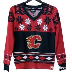 Official NHL CALGARY FLAMES crew neck intarsia knit ugly Christmas sweater